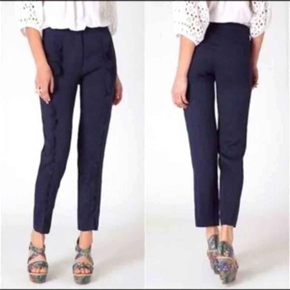 Anthropologie Leifsdottir Navy Blue Linen Trousers Ruffle Front Tapered Pants